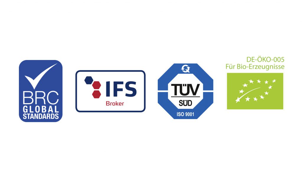 Zertifikate und Siegel BRC Global Standard, IFS Broker, TÜV Süd ISO 9001, DE-Öko-005 Bio Erzeugnisse